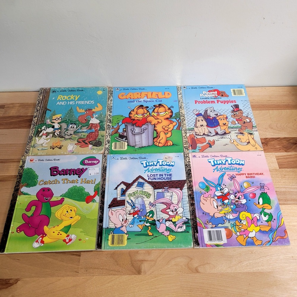 Vintage Lot of 6, 1970s, 80s, & 90s Little Golden Books Garfield, Barney & More